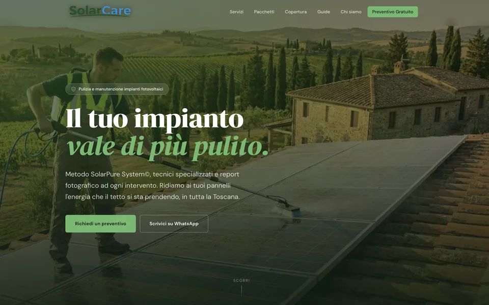 Anteprima del sito SolarCare, brand e piattaforma per la pulizia e manutenzione di impianti fotovoltaici realizzati da Virally
